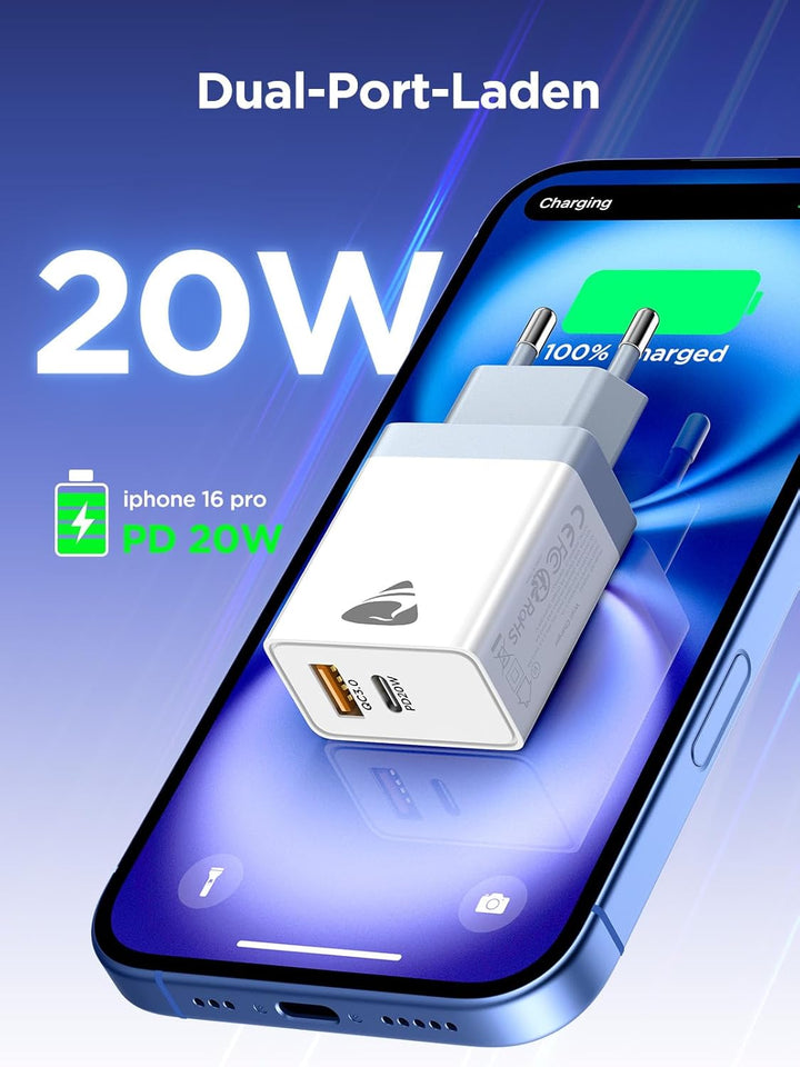 USB C Ladegerät, 2Pack USB C Netzteil Ladegerät Mehrfach mit USBC auf USBC Kabel 2M, 20W Schnelllade