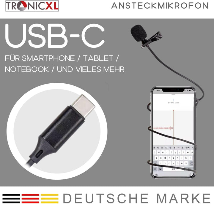 Ansteckmikrofon USB-C mit Kabel Lavalier Mikrofon Kondensator Interview Podcast Videokonferenz für D