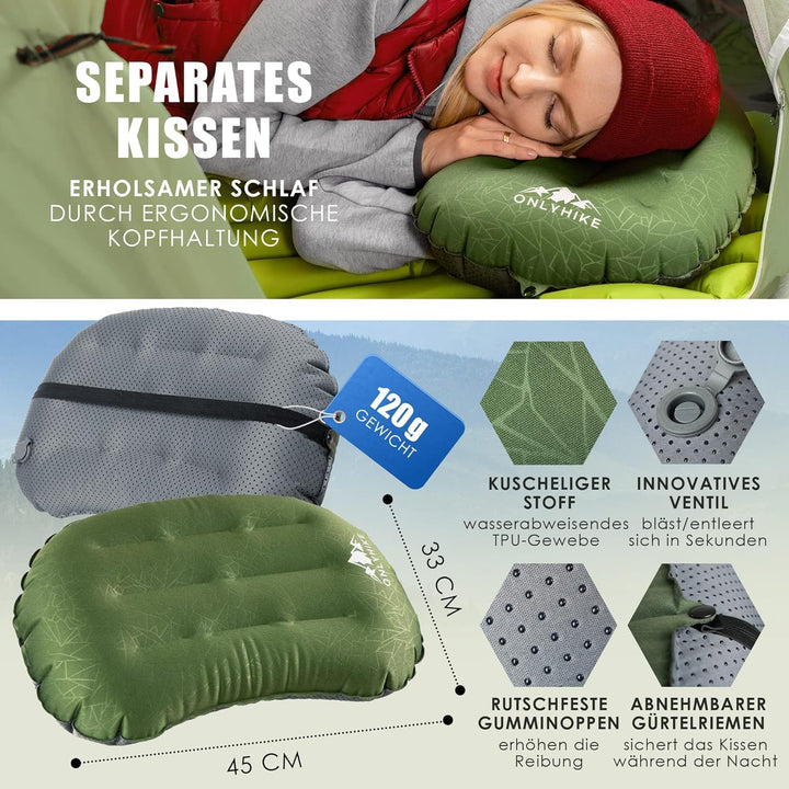 ONLYHIKE® Isomatte Ultraleicht [gratis Camping Kissen] I Outdoor Camping Matratze I rutschfeste Matt