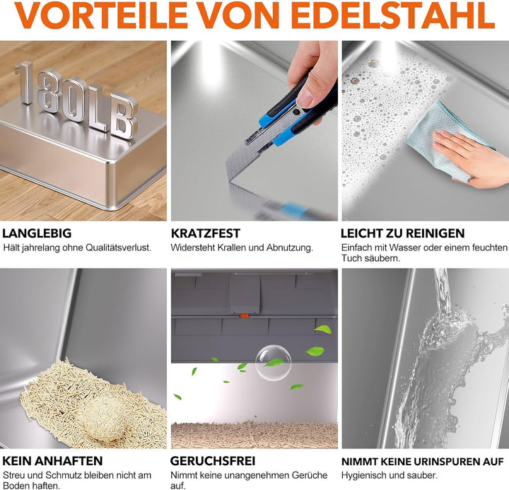 XXXL Katzenklo Edelstahl mit Deckel 70x50x45 cm 90 L extra gross Katzentoilette Edelstahl für grosse