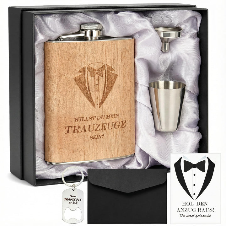 Flachmann Geschenkset 8oz mit Gravur – Edelstahl Flachmann, 4 Becher, Trichter & Geschenkbox für Tra