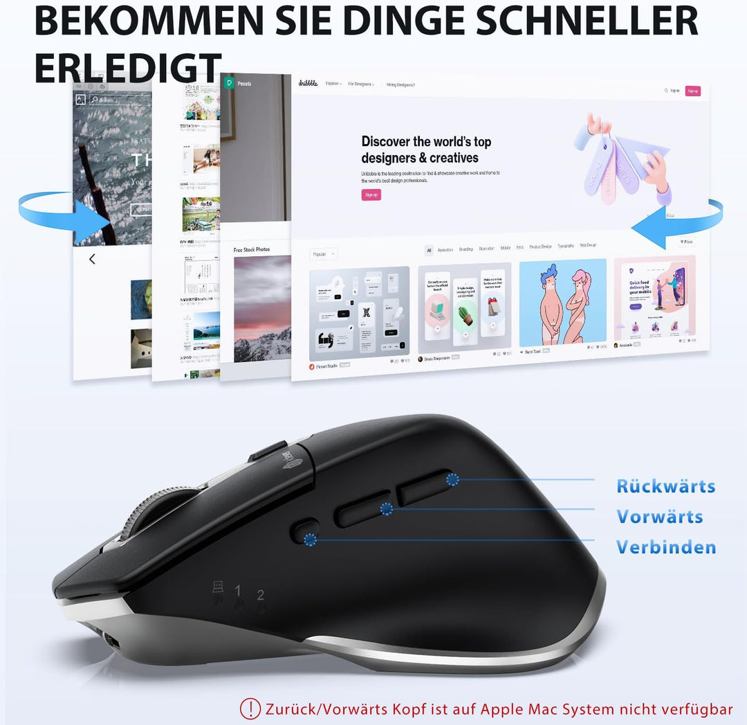 iClever Kabellose Bluetooth Maus, wiederaufladbare Bluetooth-Funkmaus, Ergonomische Maus kabellos fü