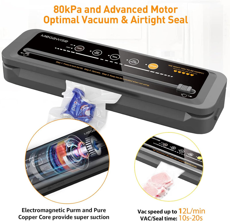 Megawise Vakuumiergerät mit 80 kPa, One-Touch-Automatischer Lebensmittelretter mit trockenen und feu