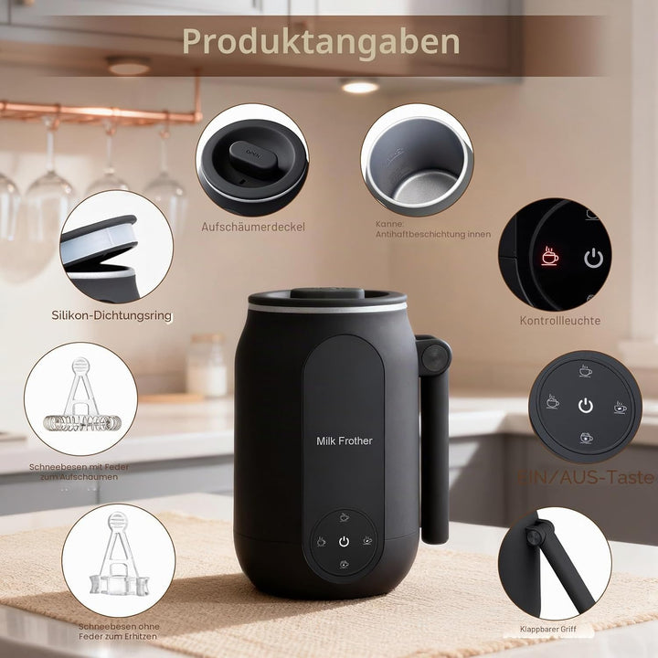 Elektrischer Milchaufschäumer, 4 in 1 Milchaufschäumer mit Smart-Touch-Steuerung und Klappbarem Grif