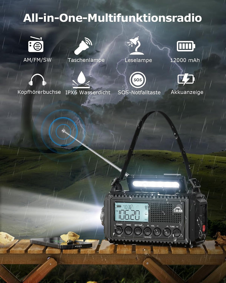 Kurbelradio, Notfallradio mit 12000 mAh Powerbank, AM/FM/SW Radio Ohne Strom, Kurbel 5-Wege Solar Ra