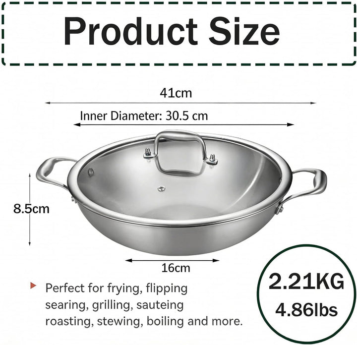 Edelstahl Pfanne 30m,3-Schicht Edelstahlpfanne,Wokpfanne mit Deckel,Induktions Servierpfannen,Gasher
