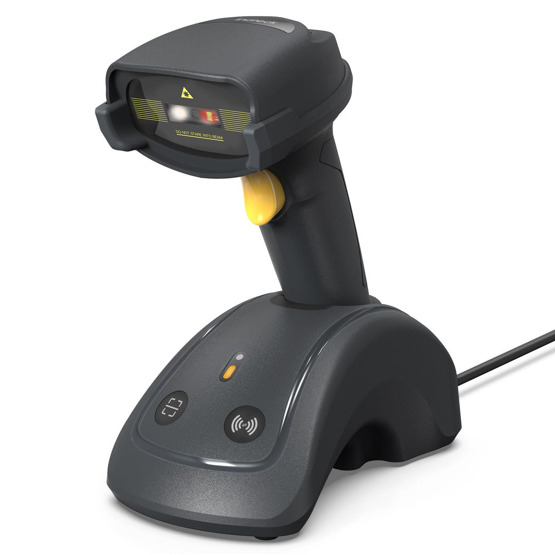 Inateck Barcode Scanner Kabellose, QR Code Scanner mit Smart Base, 1D/2D, Bluetooth/2.4G/USB 3-in-1-