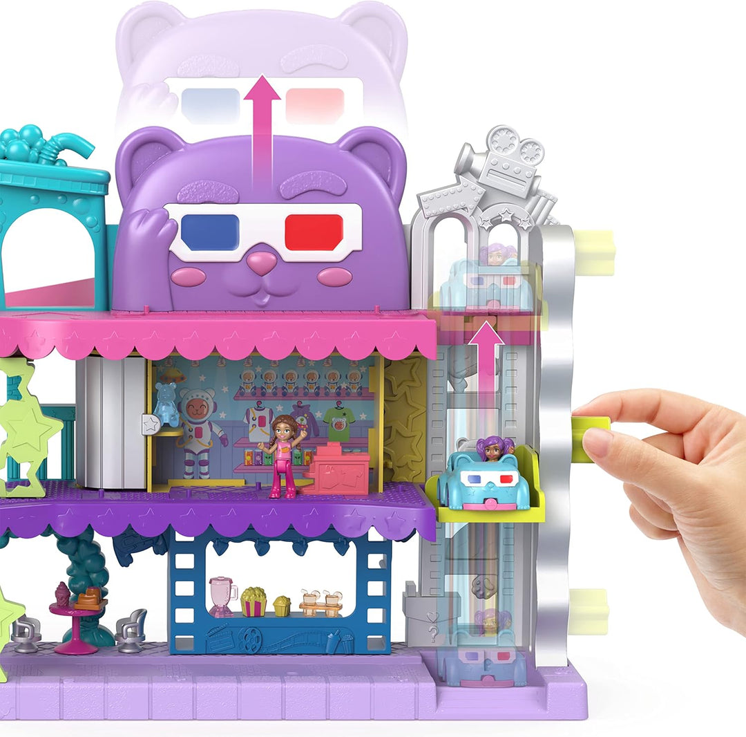 Polly Pocket Pollyville Drive-In-Kino - 2 Puppen, 1 Spielzeugauto, 11 Zubehörteile, 3 Stockwerke, Au