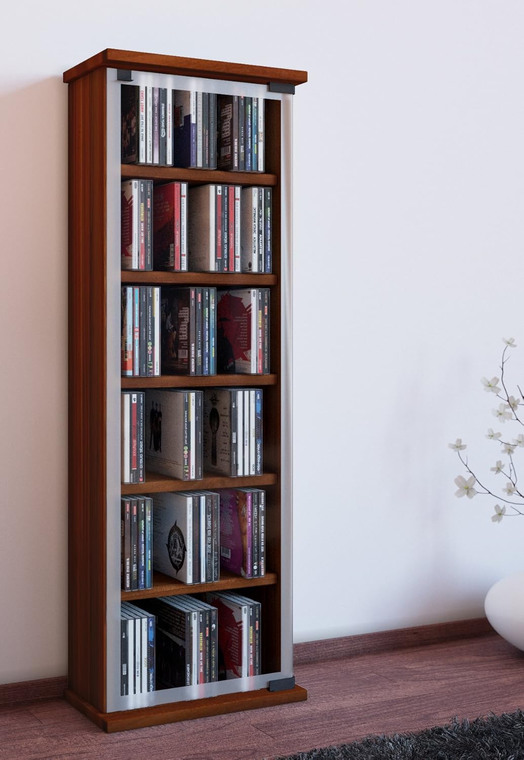 VCM Holz CD DVD Stand Regal Schrank Aufbewahrung Standregal Ständer Classic Glastür Kern-Nussbaum, K