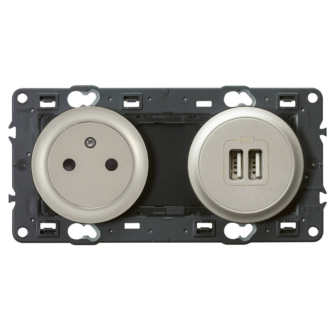 Legrand Céliane Steckdose mit Erdung/Zwei Steckdosen USB, grau, 099518, 250 voltsV Titan, Titan