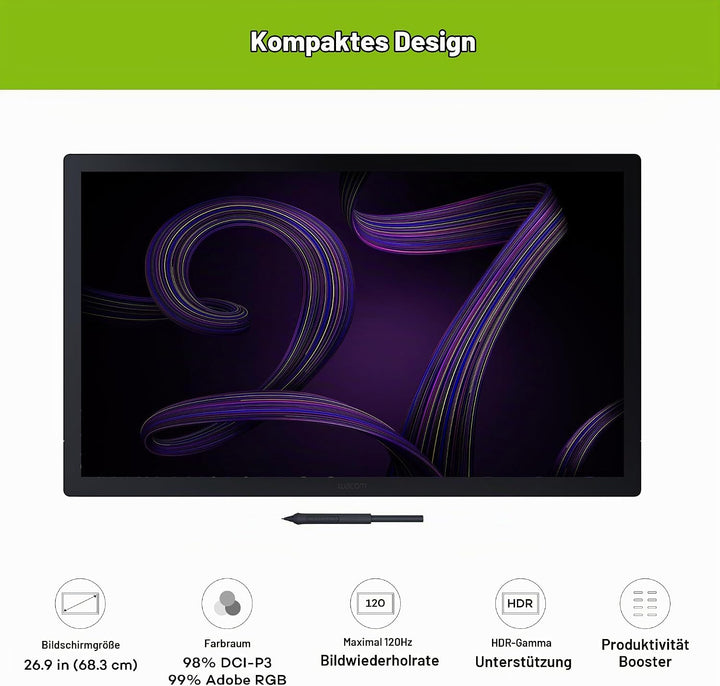 Wacom Cintiq Pro 27 Grafiktablett ohne Standfuss (4k-Auflösung, 26,9-Zoll-Display, HDR-Gamma, Panton