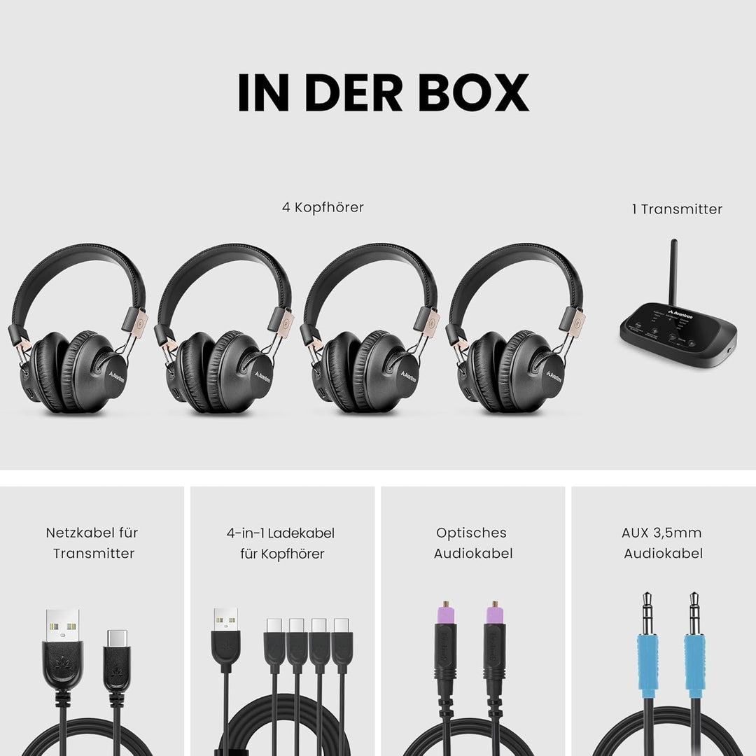 Avantree Quartet 2 – Bluetooth-kompatibles kabelloses Gruppenhörsystem mit Kopfhörern & Sender für P