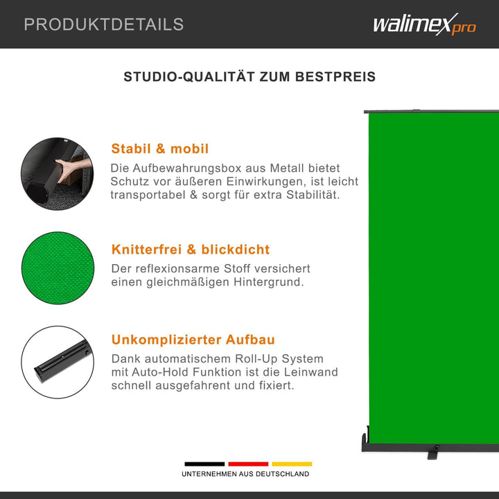 Walimex Pro Roll-Up Panel 210x220 cm Greenscreen mit Ständer I portabler, freistehender Fotohintergr