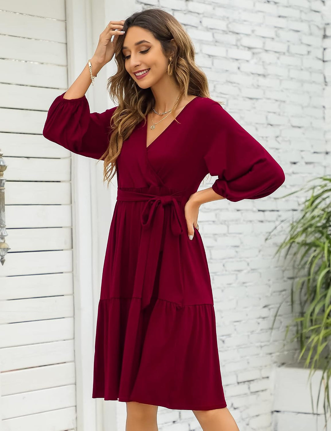 KOJOOIN Damen Umstandskleid V-Ausschnitt 3/4 Ärmel Stillkleid Rüschen Schwangerschafts Kleider mit G
