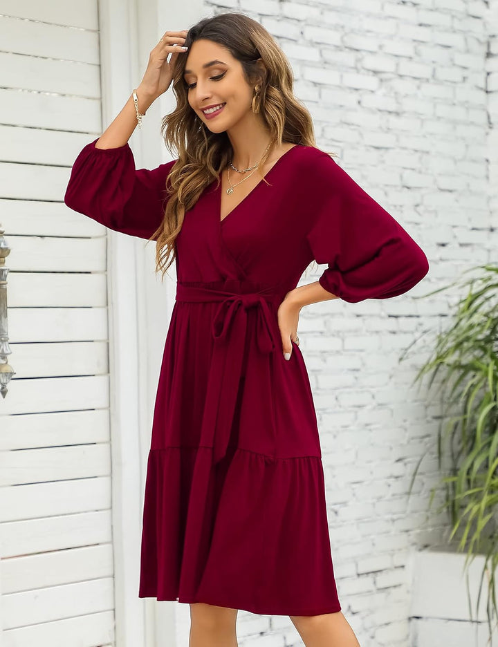 KOJOOIN Damen Umstandskleid V-Ausschnitt 3/4 Ärmel Stillkleid Rüschen Schwangerschafts Kleider mit G