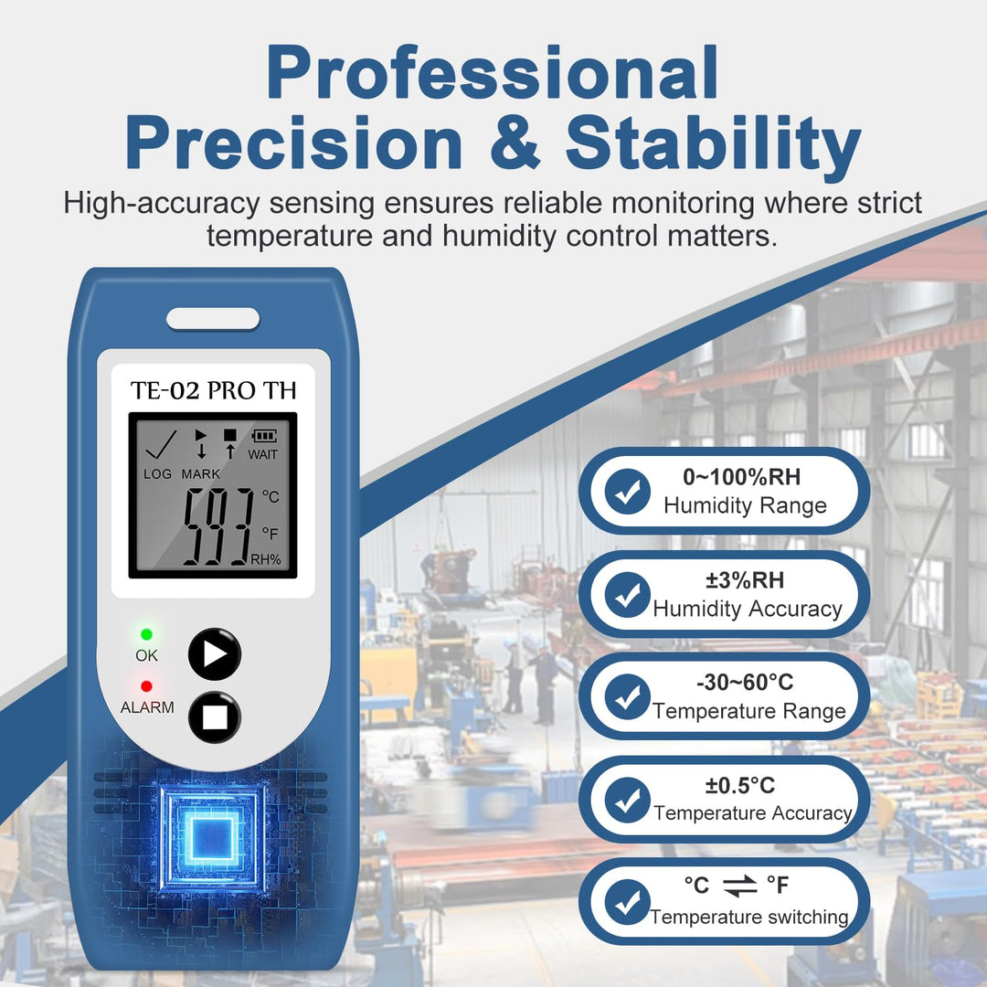 ThermElc TE-02 Pro TH Datenlogger Temperatur Luftfeuchtigkeitmit automatischen CSV PDF Berichten, Ve