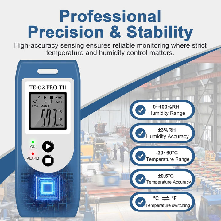 ThermElc TE-02 Pro TH Datenlogger Temperatur Luftfeuchtigkeitmit automatischen CSV PDF Berichten, Ve