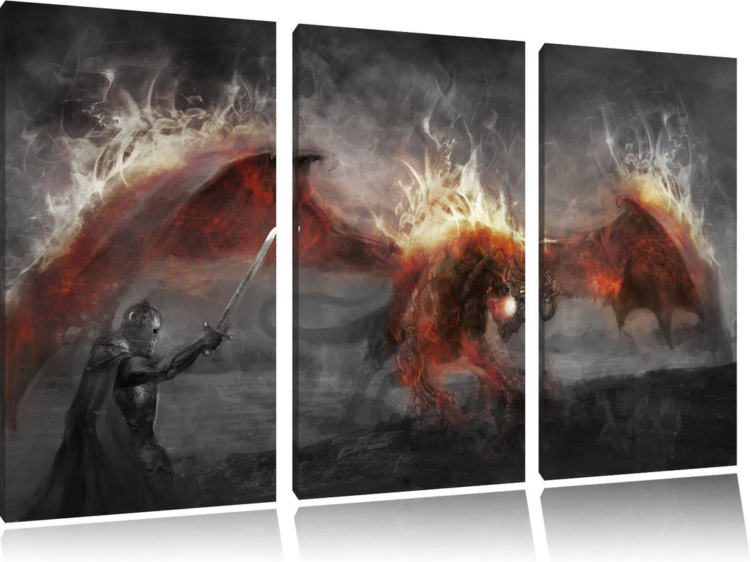 Pixxprint Ritter kämpft gegen Drachen im Feuer B&W Detail 3-Teiler Leinwandbild 120x80 Bild auf Lein