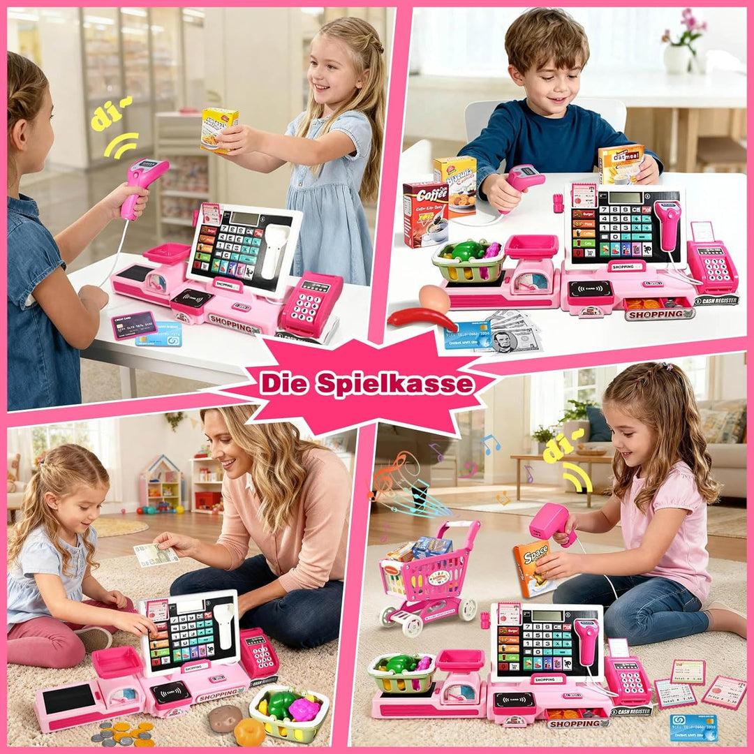 HILKKET Kasse Kinder Spielzeug, Kinderkasse mit Scanner, Sound, Rechnerfunktion, Spielgeld und Zubeh