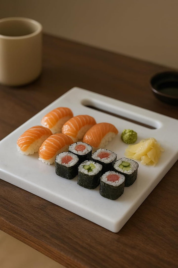 Quadratisches Schneidebrett aus weissem Marmor 30x30 cm – Elegante Arbeitsplatte für Küche, Sushi, K