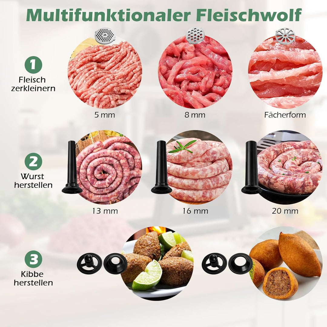 COSTWAY Elektrischer Fleischwolf, 2000W Hackfleisch maschine mit 3 Wurstfüllrohren, 3 Lochscheiben,