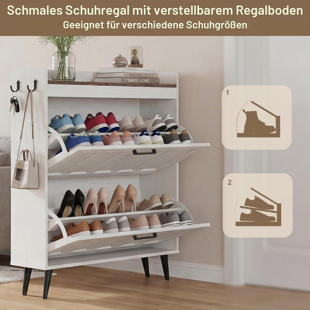 Schuhschrank Schmal mit 2 Klappschubladen, Landhausstil Schuhaufbewahrung für Flur Wohnzimmer, Kipps