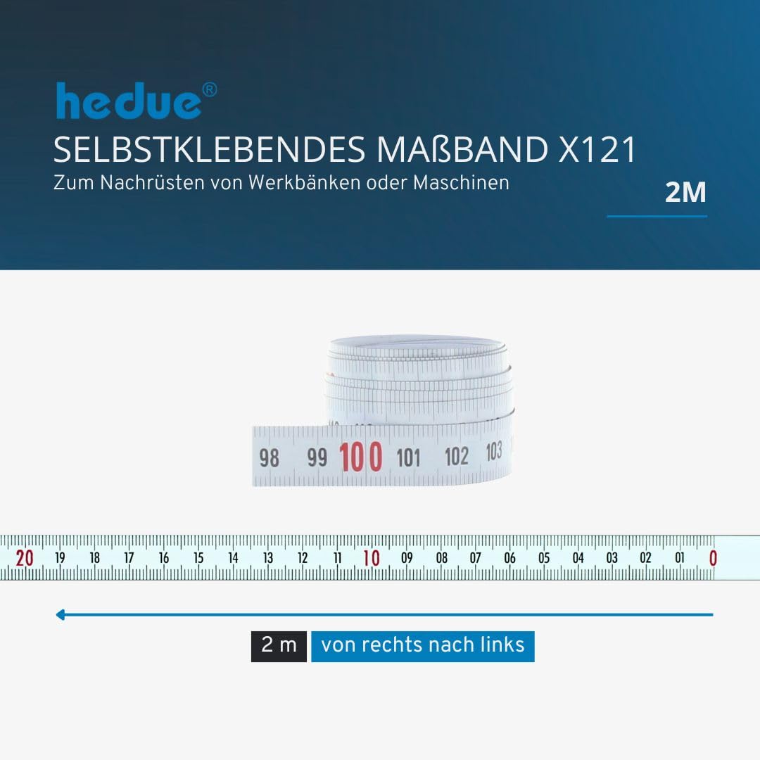 hedue® selbstklebendes Massband 2 m X121 - Massband selbstklebend , von rechts nach links