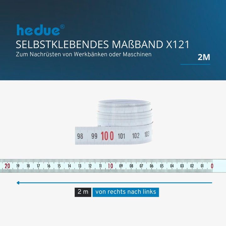 hedue® selbstklebendes Massband 2 m X121 - Massband selbstklebend , von rechts nach links