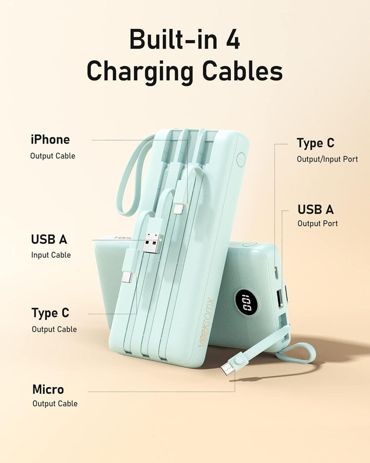 Powerbank 20000mAh Power Bank mit Kabel VEEKTOMX Powerbank USB C Tragbares Ladegerät 5 Ausgängen LED