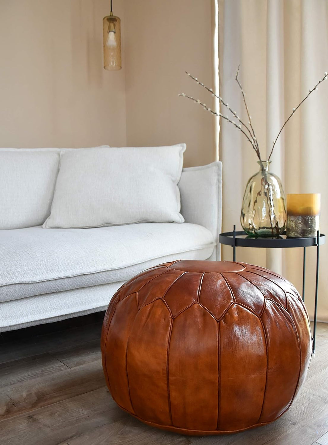 See the Good XL Echtleder Pouf - Handgefertigt - gefüllt geliefert - Ottoman Sitzsack Fusshocker Puf