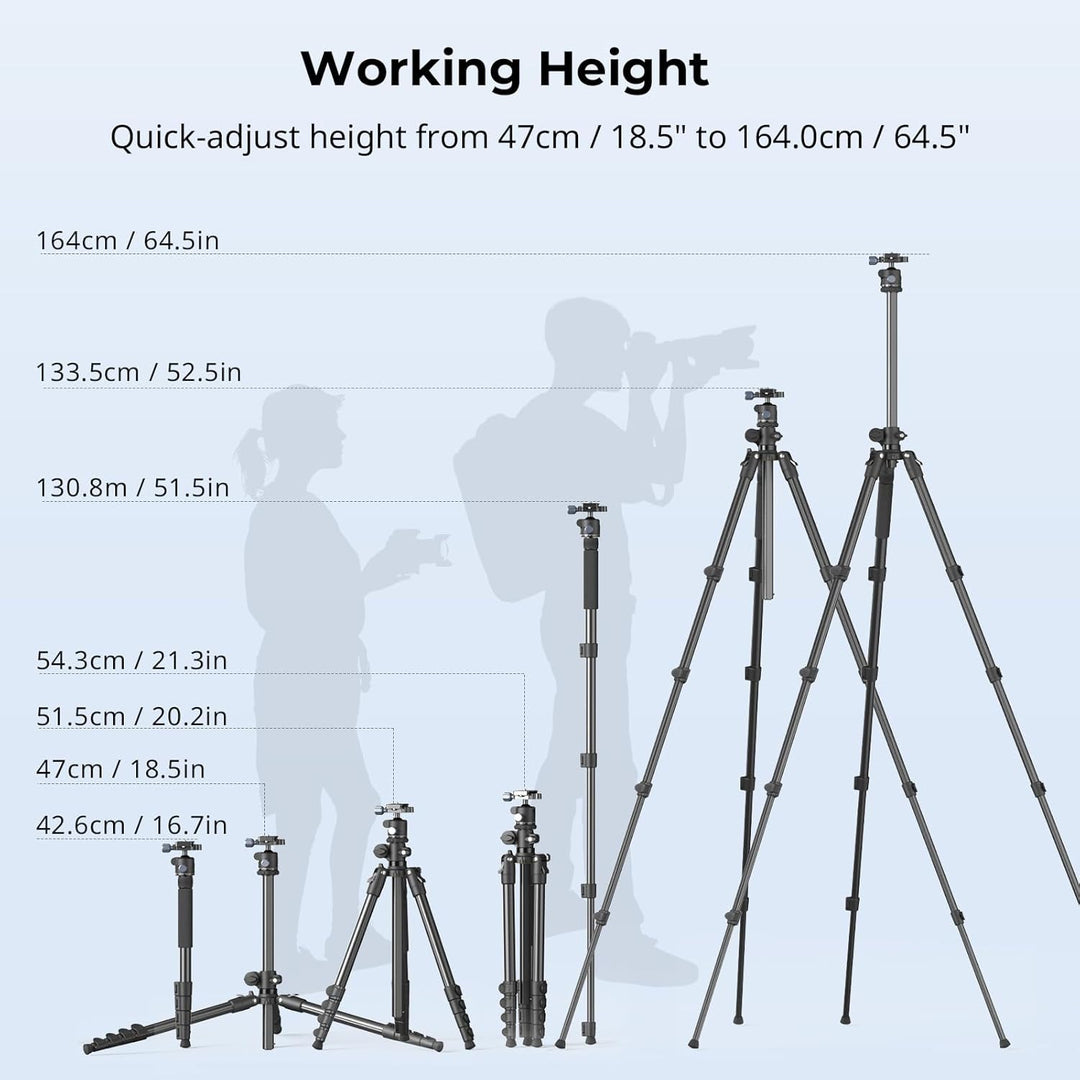 SMALLRIG CT25 64,5"/164cm Horizontales Überkopfstativ für Kamera mit Smartphone-Halterung und Traget