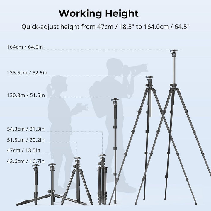 SMALLRIG CT25 64,5"/164cm Horizontales Überkopfstativ für Kamera mit Smartphone-Halterung und Traget