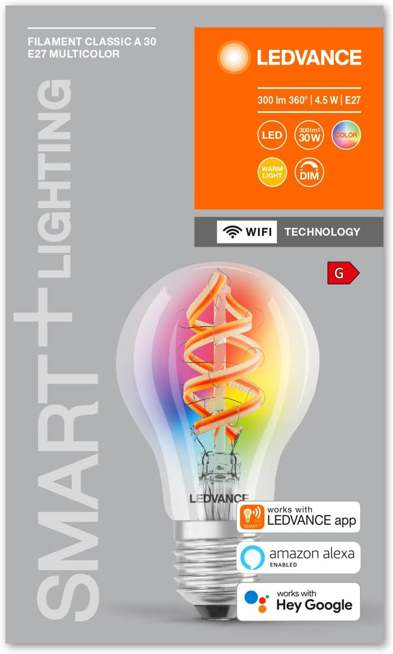 LEDVANCE Smarte LED-Lampe mit Wifi Technologie, E27, RGB, Birnenform, Farbiges Filament als Stimmung