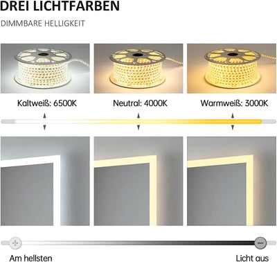 EMKE LED Badspiegel 80x60cm Badezimmerspiegel mit Beleuchtung 3 Lichtfarbe 3000-6400K kaltweiss Neut