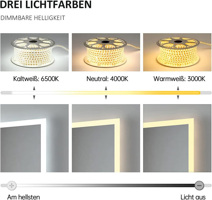 EMKE LED Badspiegel 80x60cm, Beleuchtung Touch+Beschlagfrei+3 Lichtfarbe Wandspiegel IP44 energiespa