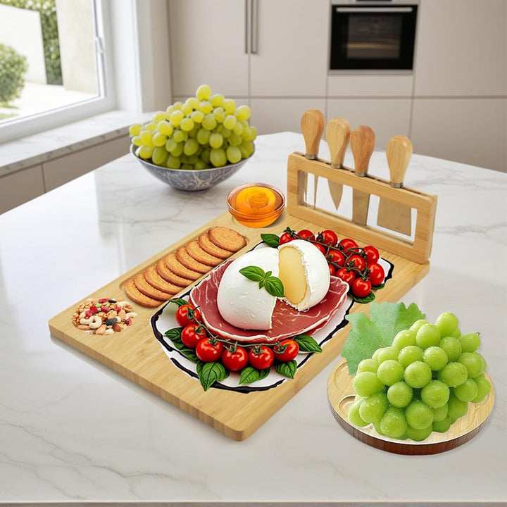 Käsebrett set und Bambus Runde Obstplatte, Käsebrett Gross, Personalisiertes Servierplatte, Charcute