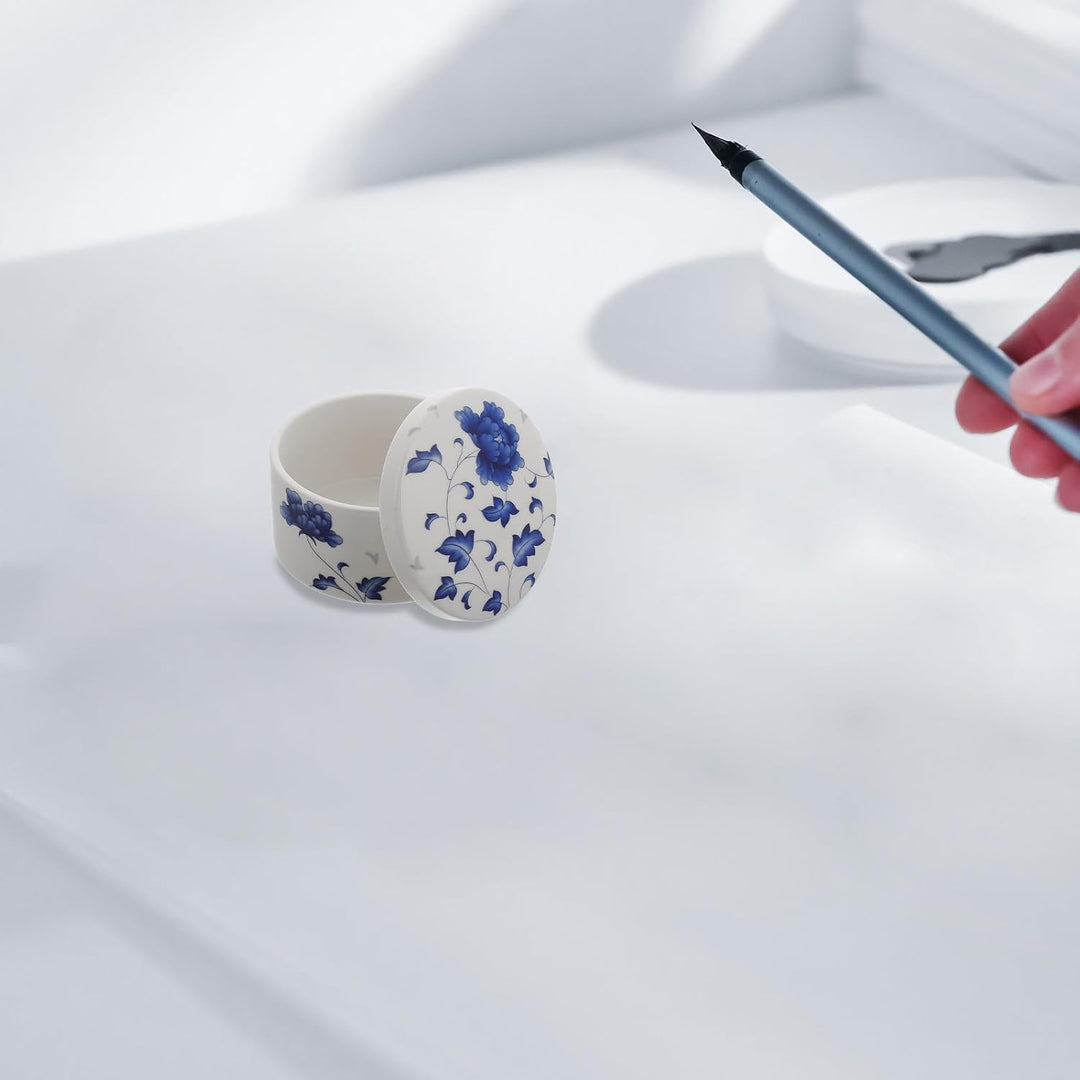 Blau Weisse Keramik Tintenschale mit Deckel Rundes Ink Well aus Keramik Verhindert Trocknen der Tint