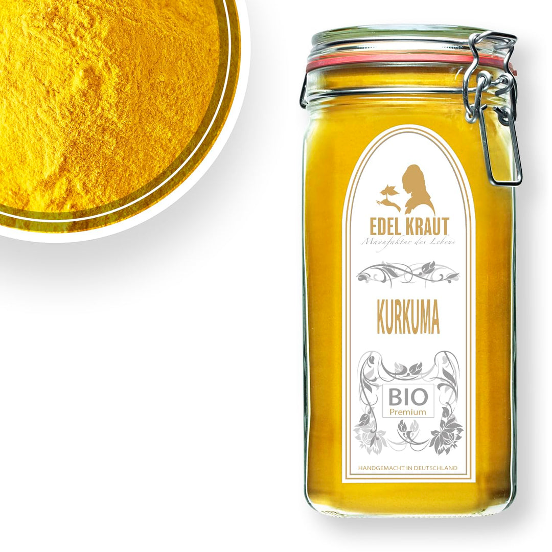 KURKUMA PULVER BIO | EDEL KRAUT 100% reines BIO Curcuma Pulver im Premium Glas - für Smoothies, Gold