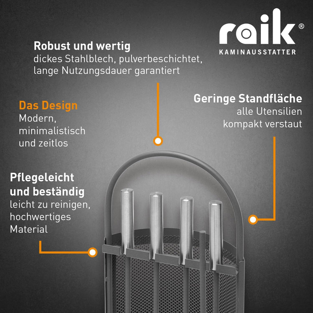 raik Kaminbesteck Set Arthur 4-teilig inkl. Rindsleder Ofenhandschuh schwarz Kamingarnitur Stahl Sch