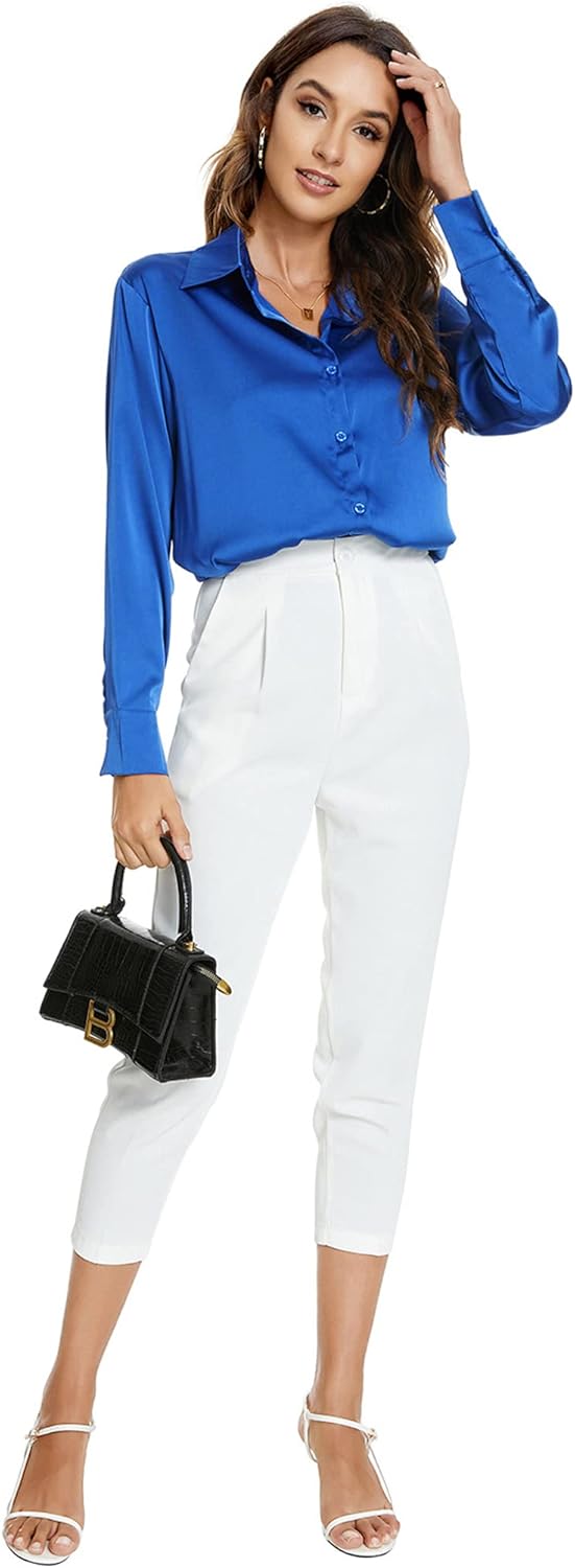 Atnlewhi Damen Bluse Langarm Knöpfen Satin Seide Hemden Basic Kent Kragen Arbeit Büro Formelle Casua