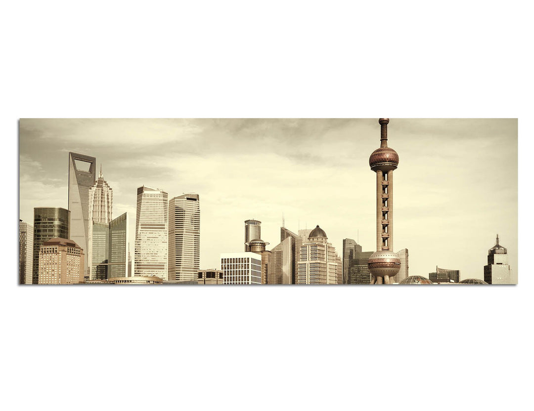 Paul Sinus Art Panoramabild auf Leinwand und Keilrahmen 120x40cm Shanghai Skyline Wasser Boot Steg