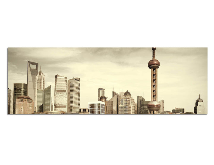Paul Sinus Art Panoramabild auf Leinwand und Keilrahmen 120x40cm Shanghai Skyline Wasser Boot Steg