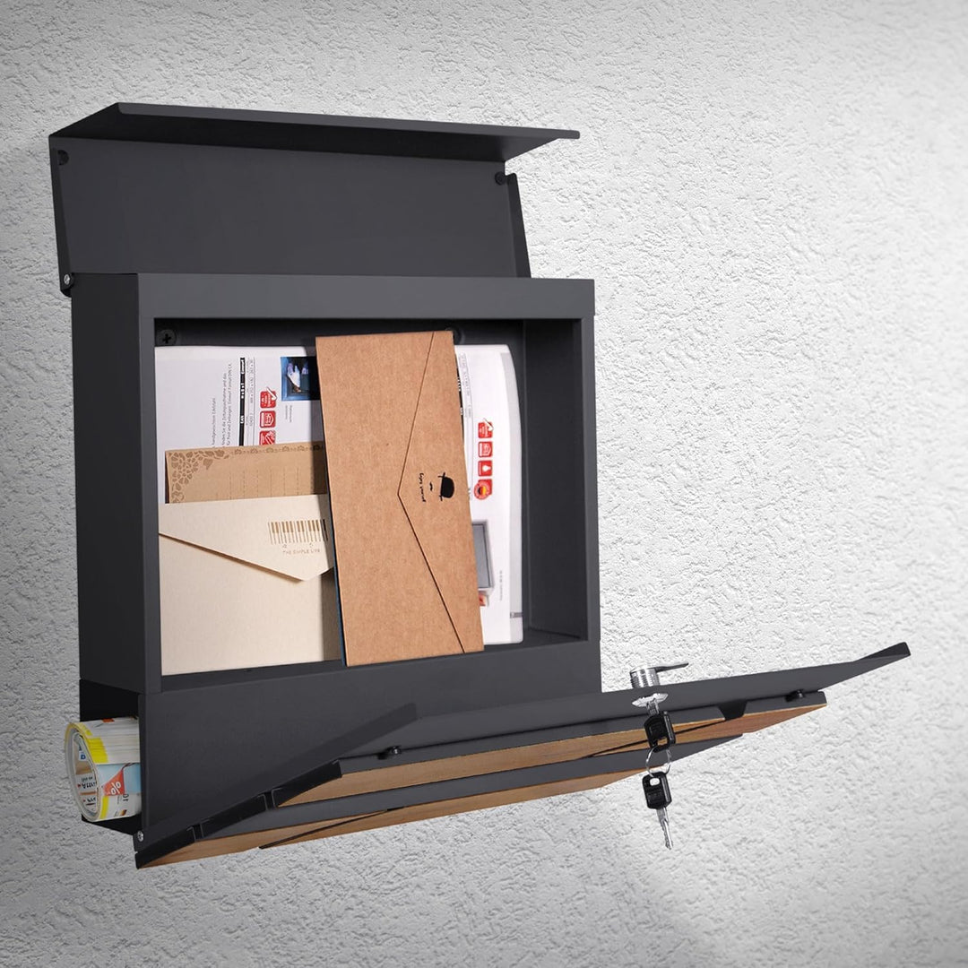 ML-Design Briefkasten 37x37x11 cm Anthrazit/Holzoptik aus Stahl, Postkasten mit Zeitungsfach, Abschl