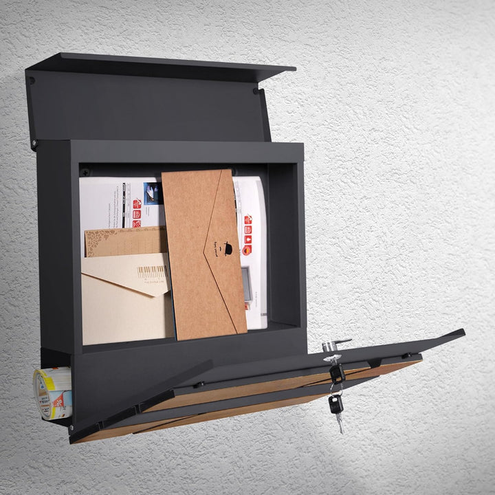 ML-Design Briefkasten 37x37x11 cm Anthrazit/Holzoptik aus Stahl, Postkasten mit Zeitungsfach, Abschl