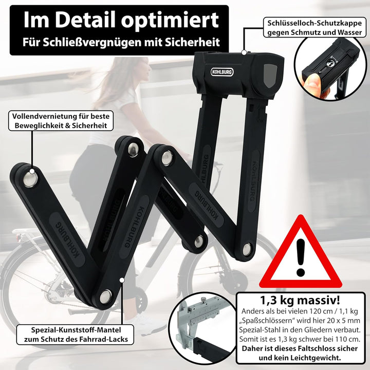 KOHLBURG 110cm Fahrrad Faltschloss Schlüssel [Bolzenschneider-sicher] als e Bike Schloss & Fahrradsc