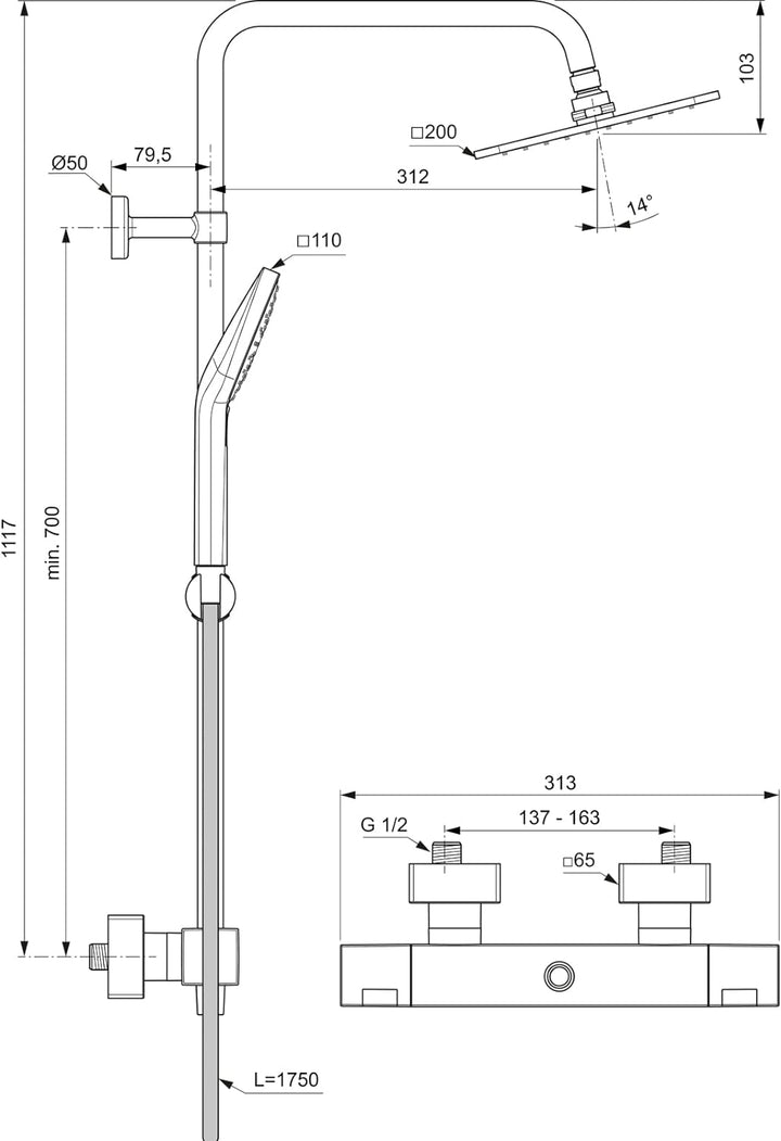 Ideal Standard A7540AA Ceratherm T100 Duschsystem Aufputz Kopfbrause 200x200mm, Kopfbrause 200x200mm