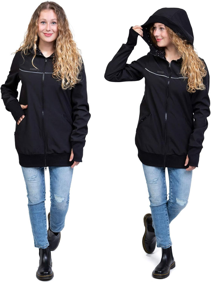 Viva la Mama 3in1 Softshell Tragejacke Baby Umstandsjacke Allwetter I JACKY, S schwarz/Punkte