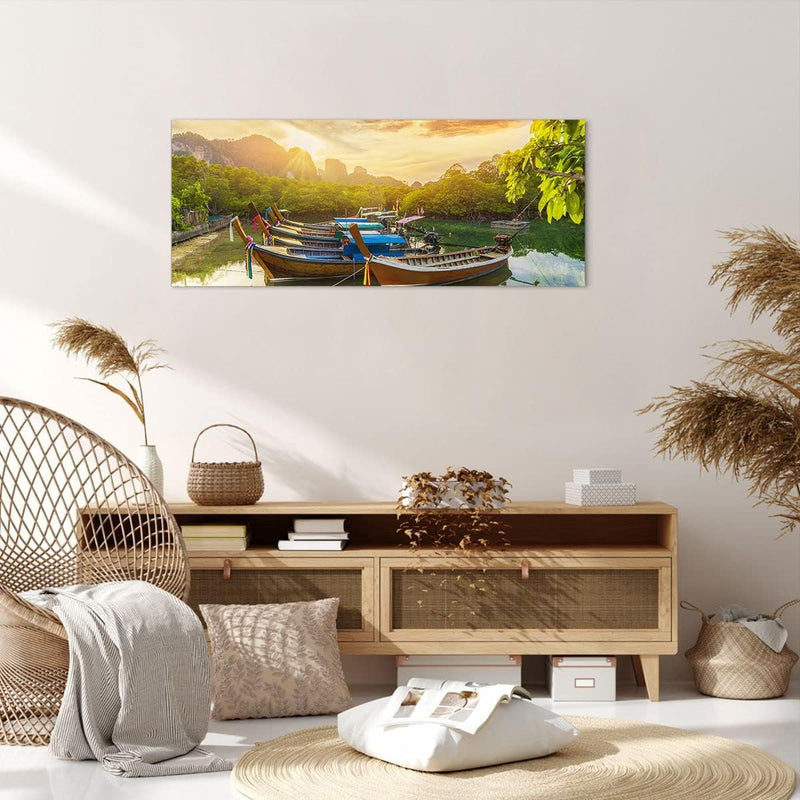 Wandbilder Dekoration Wohnzimmer Berge Boot Wasser Panorama Bilder auf Leinwand 120x50cm Leinwandbil