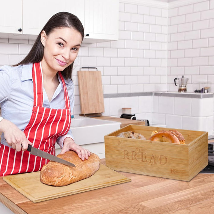 Brotkasten Holz mit Schneidebrett Deckel & Leinenbeutel – Bambus Brotdose für frische Brotaufbewahru