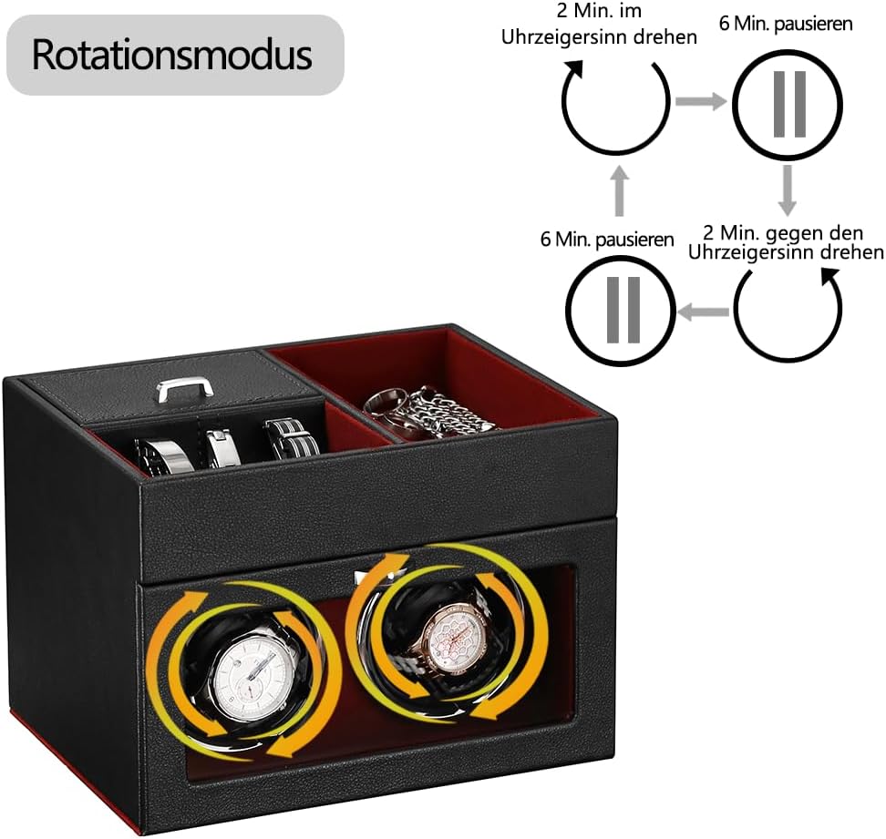 DRAIGERWAY Automatische Uhrenbeweger Box PU Leder Uhrengehäuse mit leisem Motor Netzteil für Automat
